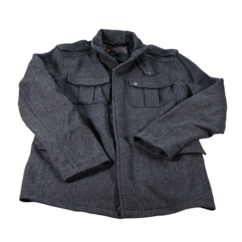 Ben Sherman Jacket Mens Small Gray Wool Herringbone Military Zip Pockets Lined
